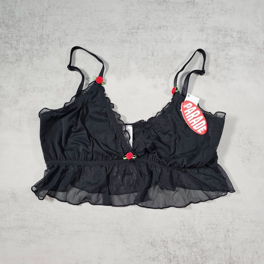 Parade Black Silky Mesh Flutter Ruffle Longline Bralette Rosette Accents Size M
